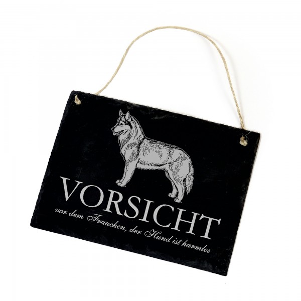 Hundeschild Siberian Husky Schild aus Schiefer - Vorsicht vor dem Frauchen - 22cm x 16cm