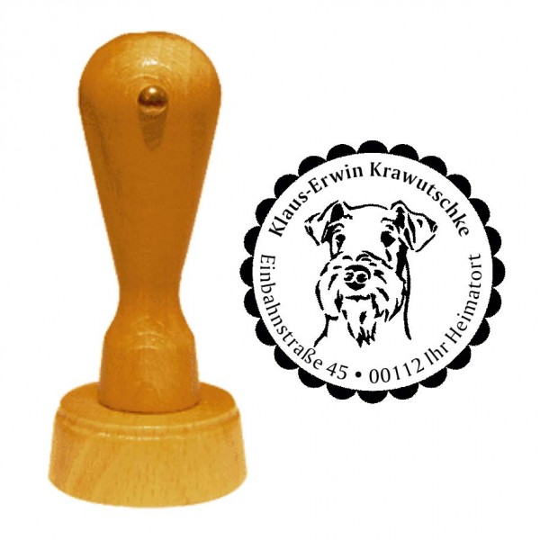 Adressstempel Airedale Terrier - Holzstempel personalisiert mit Adresse - Ø 40 mm