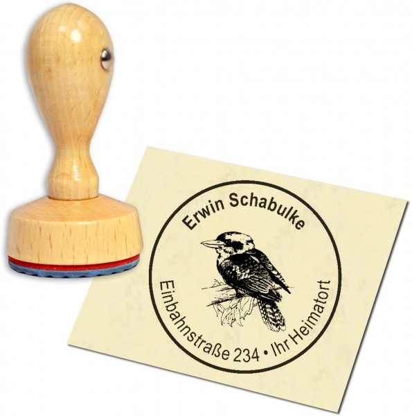 Stempel Adressstempel Holzstempel - Kookaburra Jägerliest - rund 40mm