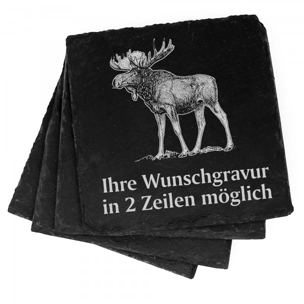 4x Elch Deko Schiefer Untersetzer Wunschgravur Set - 11 x 11 cm