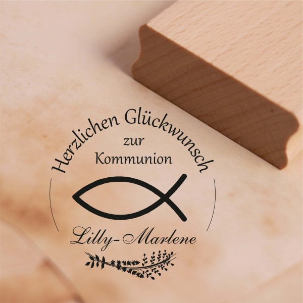 Stempel Herzlichen Glückwunsch zur Kommunion mit Name - Christenfisch Kranz Motivstempel 38 x 38 mm