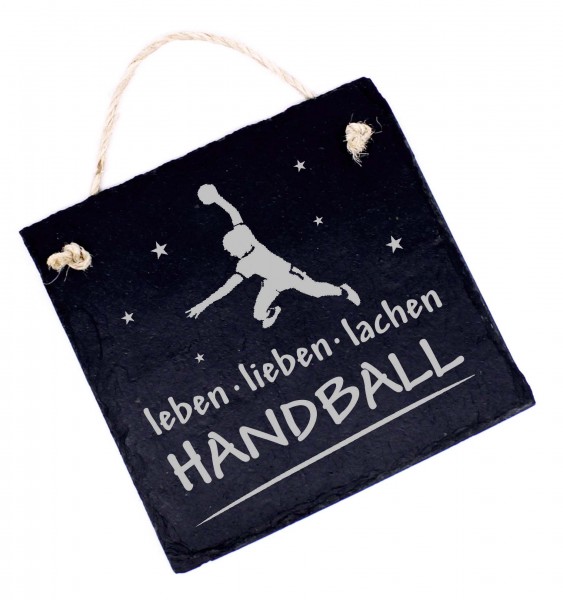 Handball Schild Schiefer Türschild Gravur - Leben Lieben Lachen - Dekoschild Handballdeko 11 x 11 cm