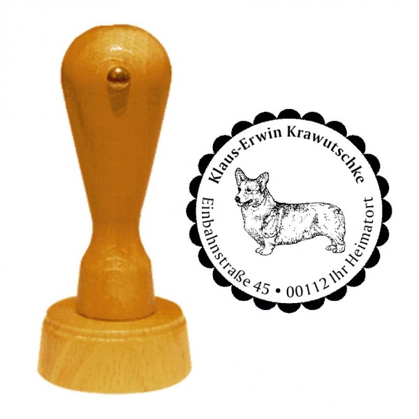 Adressstempel Welsh Corgi Pembroke - Holzstempel personalisiert mit Adresse - Ø 40 mm