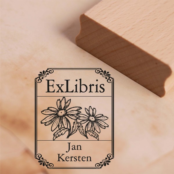 Ex Libris Stempel Margerite mit Name - Vintage Rahmen - Exlibris Motivstempel 38 x 48 mm