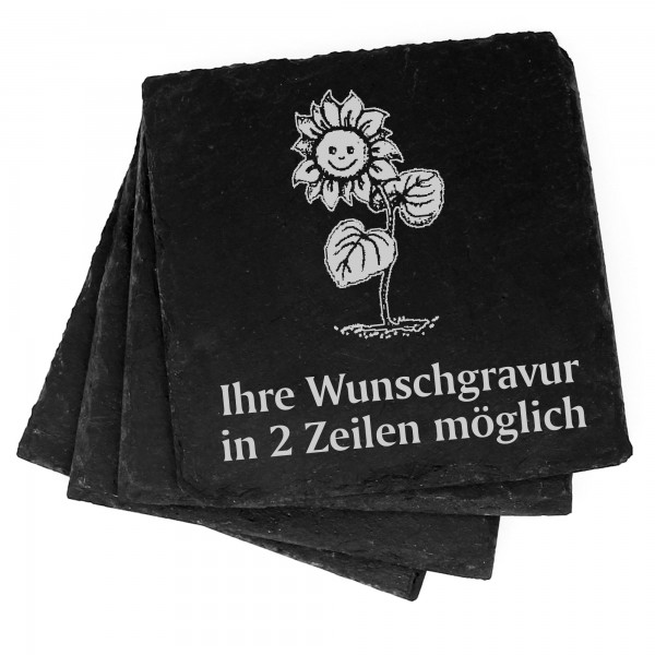 4x lustige Sonnenblume Deko Schiefer Untersetzer Wunschgravur Set - 11 x 11 cm