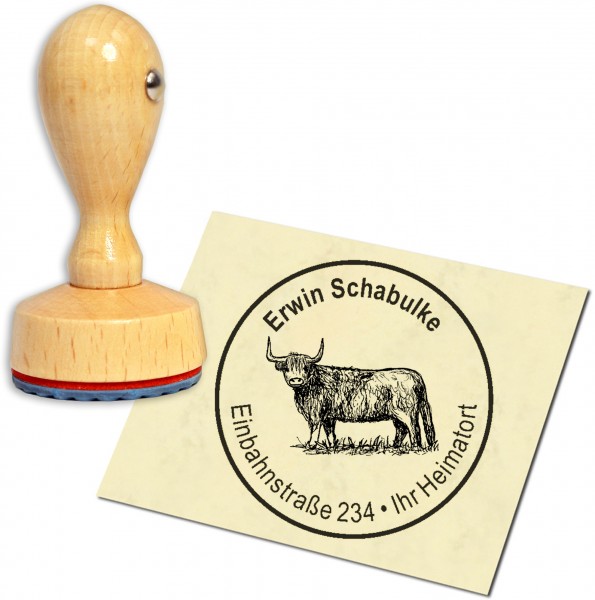 Stempel Adressstempel Holzstempel - Schottisches Hochlandrind - rund 40mm