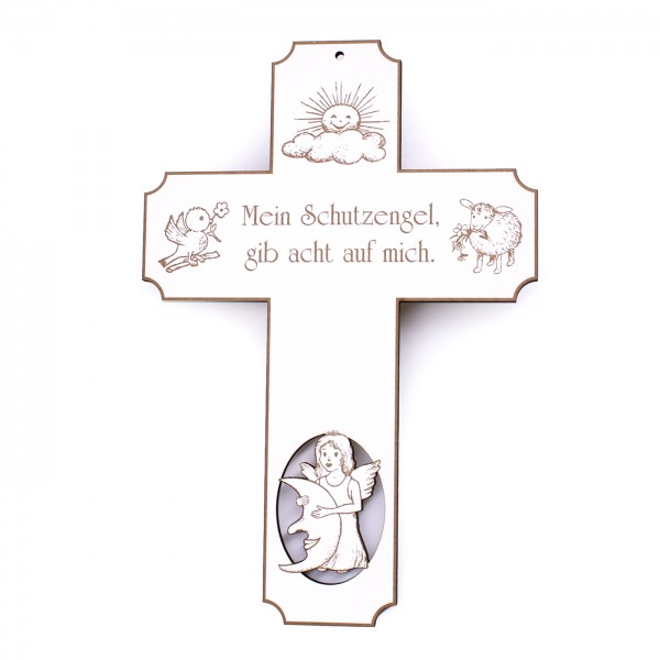 Kinderkreuz Engel Holzkreuz graviert - Mein Schutzengel gib acht auf mich - Kreuz Kinder 15 x 22 cm