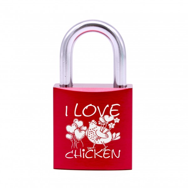 Schloss mit Gravur I love chicken und Motiv Huhn mit Herzen • 5 Farben