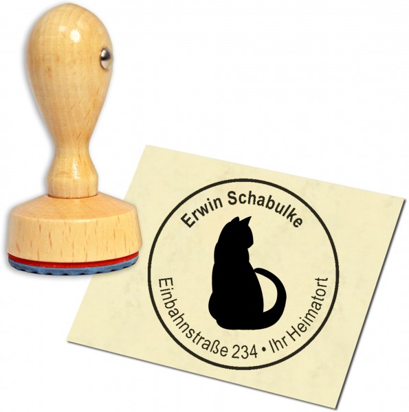 Stempel Adressstempel Holzstempel - Katze Silhouette - rund 40mm