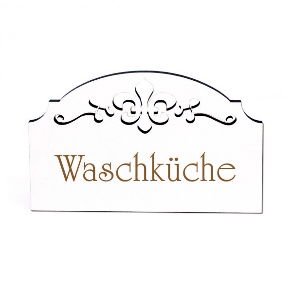 Waschküche Türschild Schild Holz graviert Ornamente selbstklebend Wäscheraum Türdeko 15,5 x 9,5 cm