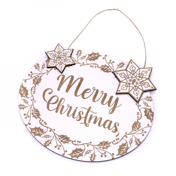 Schild Merry Christmas - mit Mistelzweig Motiv und 2 angeknoteten Schneekristallen - Dekoschild