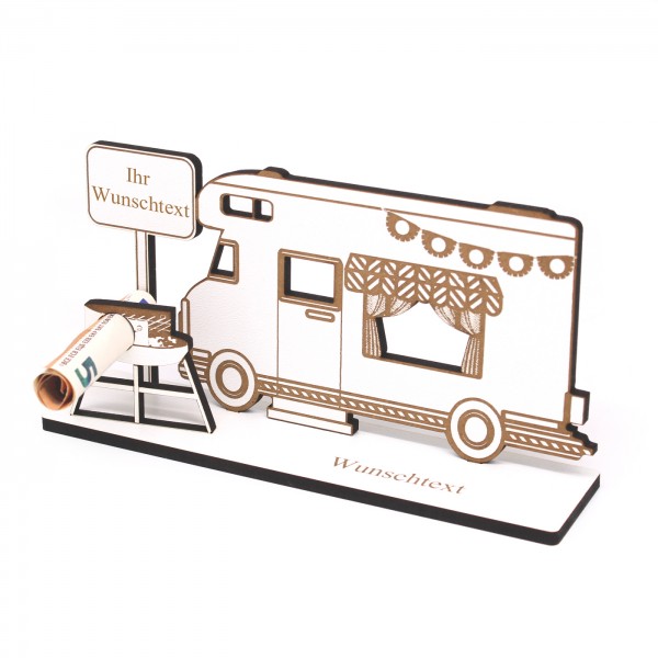 Geldgeschenk Wohnmobil mit Wunschtext - Schild für Geld Gutschein Urlaub ca. 20 x 10 cm