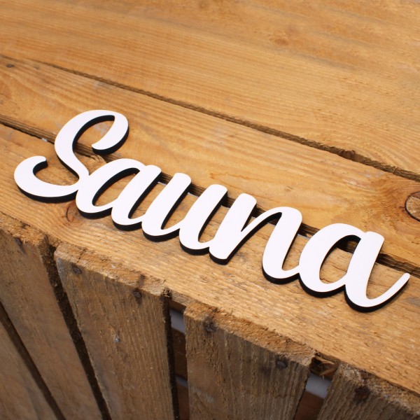Sauna Türschild Schriftzug weiß Holzschild Türdeko Buchstaben Zimmer  selbstklebend 24 x 9 cm