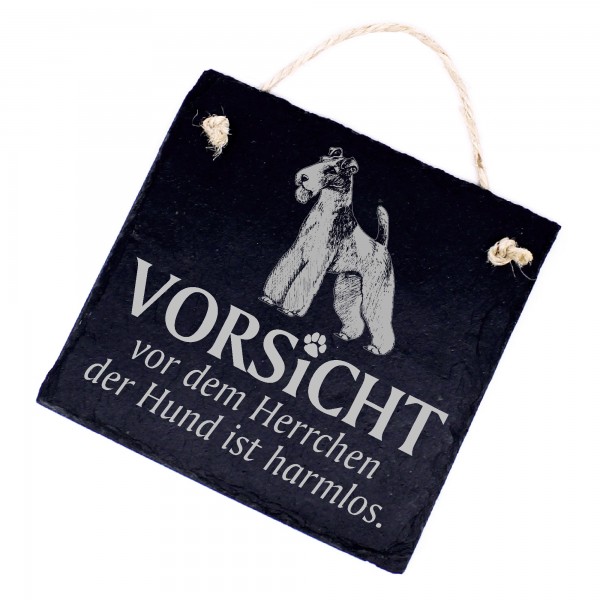 Hundeschild Drahthaar Foxterrier Schild aus Schiefer - Vorsicht vor dem Herrchen - 11cm x 11cm