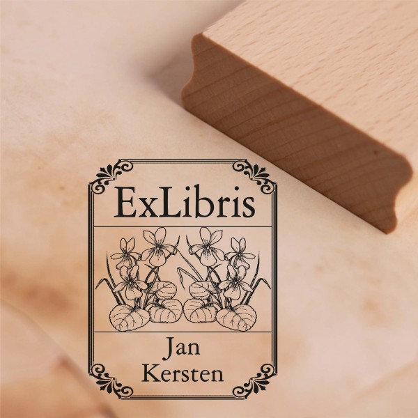 Ex Libris Stempel Veilchen mit Name - Vintage Rahmen - Exlibris Motivstempel 38 x 48 mm