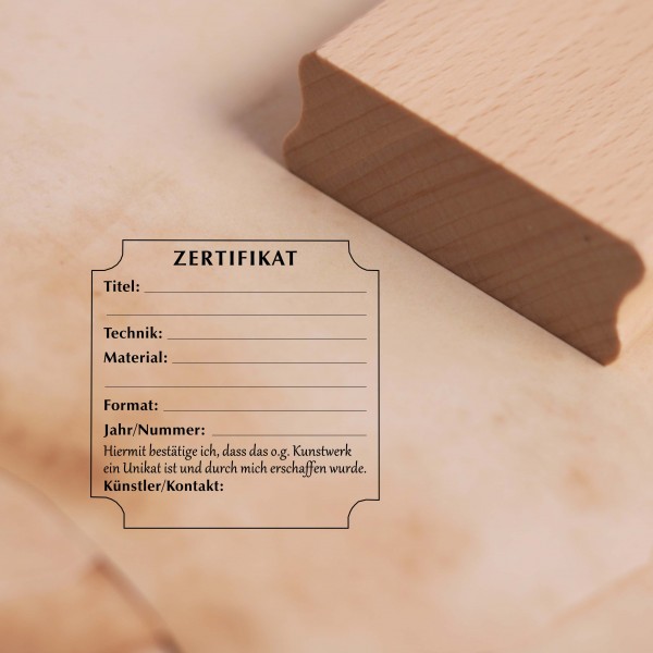 Motivstempel Zertifikat Etikett - Stempel Holzstempel 68 x 68 mm