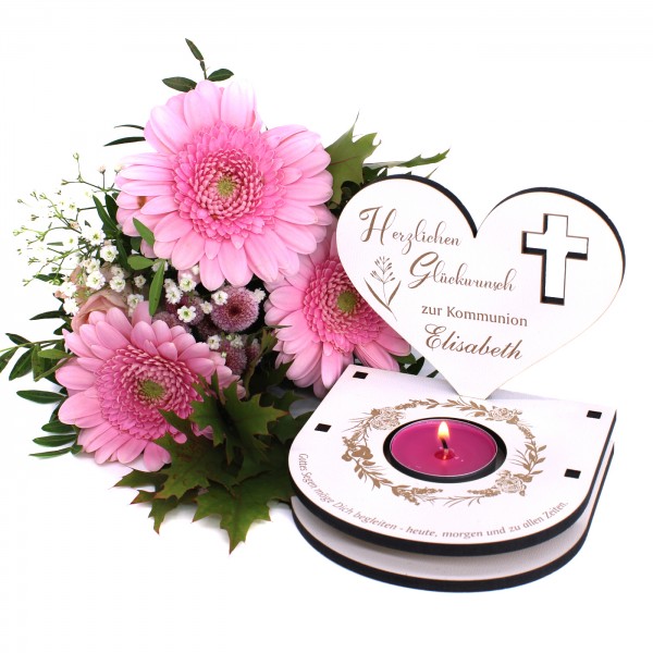 Teelichthalter Kommunion mit Spruch Gottes Segen und Wunschnamen - mit Rosen und Kreuz Motiv
