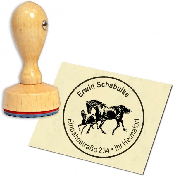 Stempel Adressstempel Holzstempel - Pferde mit Fohlen - rund 40mm