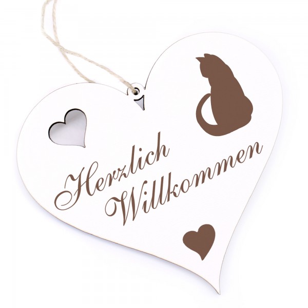 Herzlich Willkommen Schild - Katze Silhouette - Deko Herz Holz