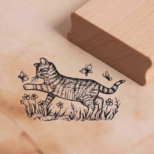 Motivstempel Katze fängt Schmetterling - Stempel Holzstempel 28 x 48 mm