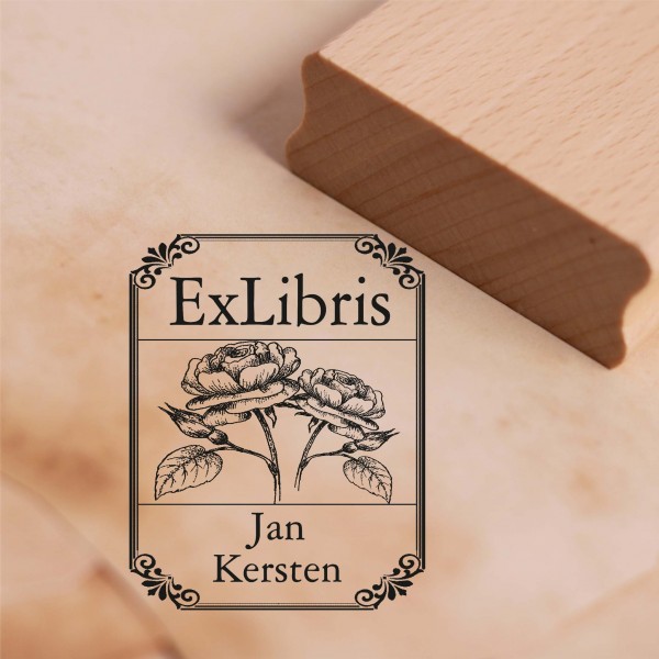Ex Libris Stempel Rosen mit Name - Vintage Rahmen - Exlibris Motivstempel 38 x 48 mm