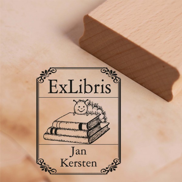 Ex Libris Stempel Bücherraupe mit Name - Vintage Rahmen - Exlibris Motivstempel 38 x 48 mm
