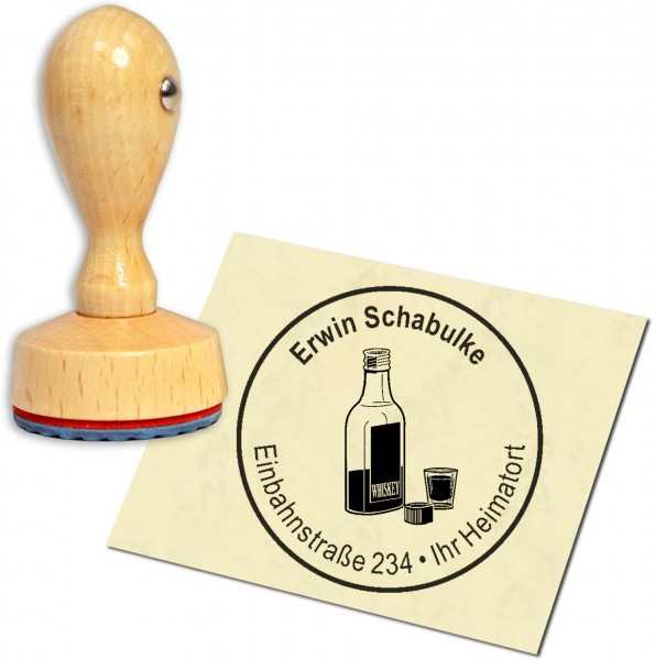 Stempel Adressstempel Holzstempel - Schnapsflasche - rund 40mm