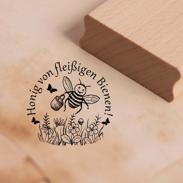 Motivstempel Honig von fleißigen Bienen - Biene über der Wiese Stempel Holzstempel 38 x 38 mm