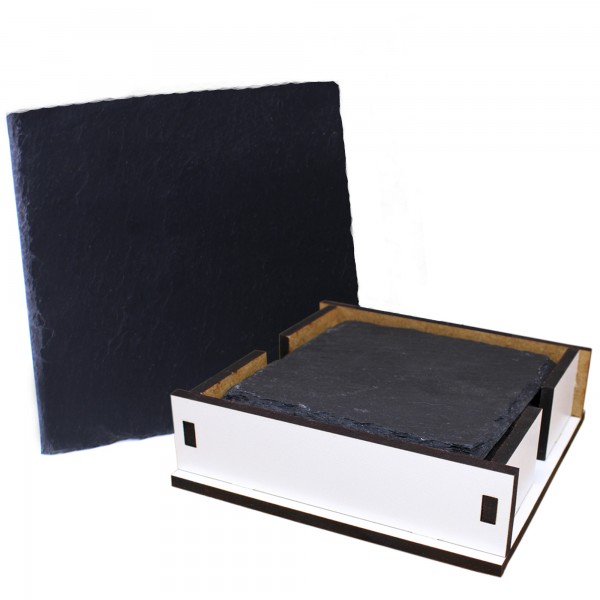 Untersetzer Schiefer 4 Stück mit Holzbox 11 x 11 cm Glasuntersetzer eckig zum beschriften