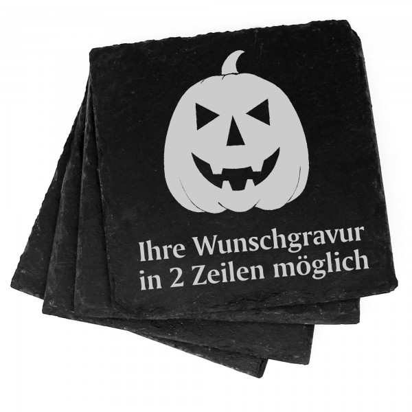 4x Halloween Kürbiskopf Deko Schiefer Untersetzer Wunschgravur Set - 11 x 11 cm
