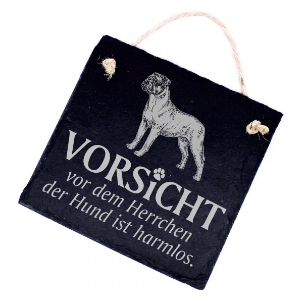 Hundeschild Bullmastiff Schild aus Schiefer - Vorsicht vor dem Herrchen - 11cm x 11cm