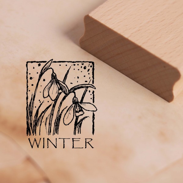 Motivstempel Winter Schneeglöckchen im Rahmen - Stempel Holzstempel 38 x 48 mm