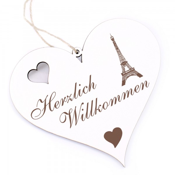 Herzlich Willkommen Schild - Eiffelturm - Deko Herz Holz