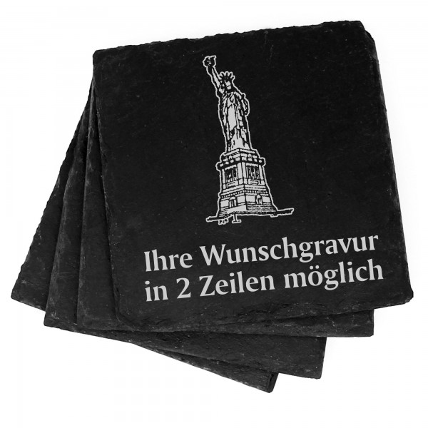 4x Freiheitsstatue New York Deko Schiefer Untersetzer Wunschgravur Set - 11 x 11 cm