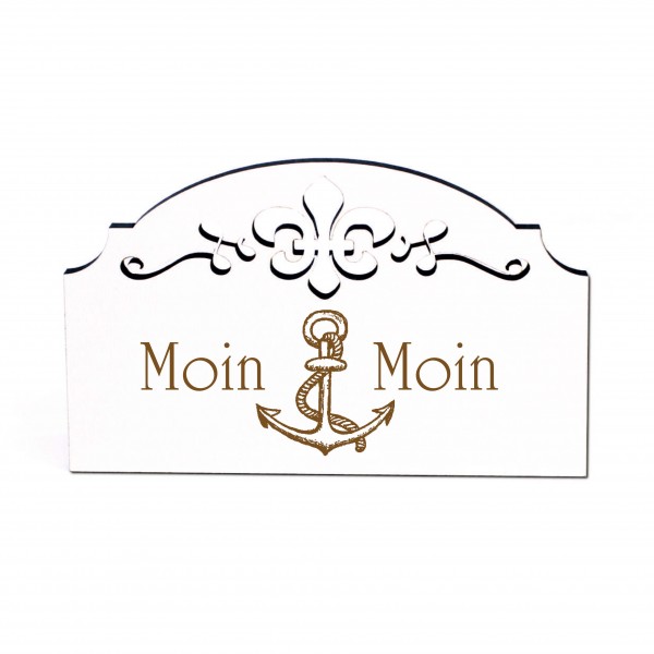 Moin Moin Türschild Schild Holz graviert Ornamente selbstklebend Vintage Anker Türdeko 15,5 x 9,5 cm