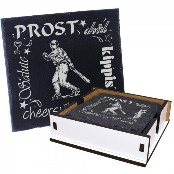 5 x Schiefer Untersetzer - Prost Baseballspieler - inkl. Holzbox & Flaschenuntersetzer
