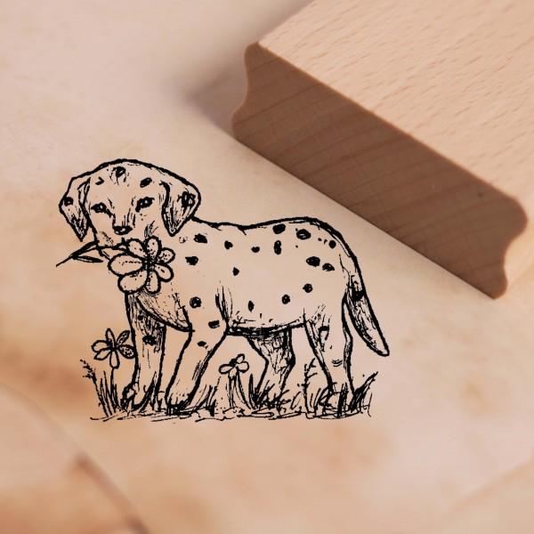 Motivstempel Kleiner Dalmatiner mit Blume - Hunde Stempel Holzstempel 48 x 38 mm