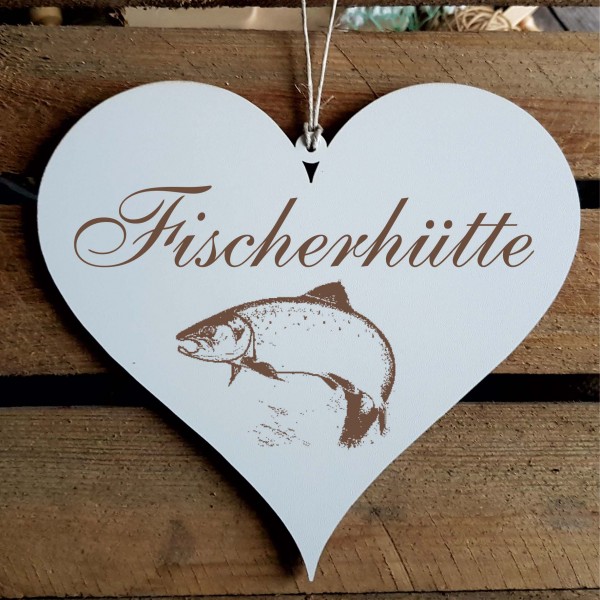 Shabby Herz Schild « FISCHERHÜTTE » mit Motiv Fisch