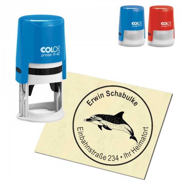 Stempel Adressstempel personalisiert - dunkler Delfin - rund ∅ 40mm