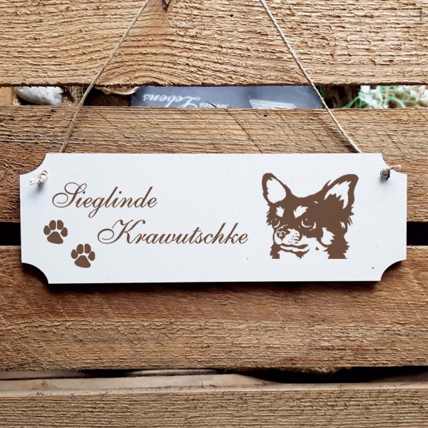 Schild « Chihuahua Langhaar Kopf » Namensschild Türschild zum Anhängen - 20 x 6,7 cm