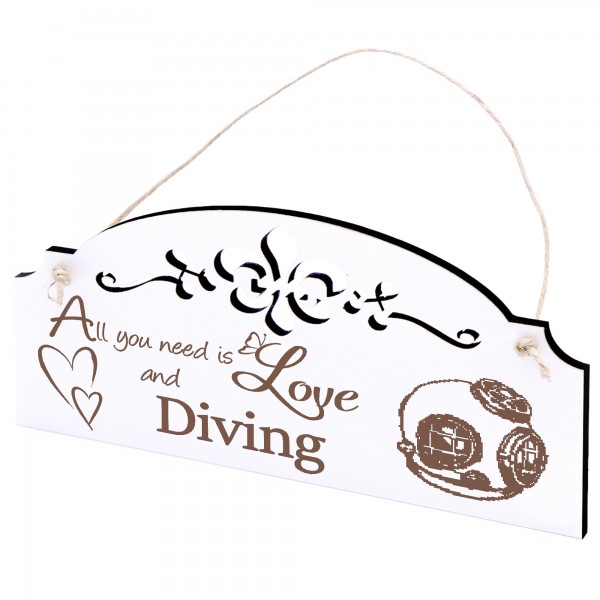 Schild Taucherhelm Deko 20x10cm - All you need is Love and Diving - Holz