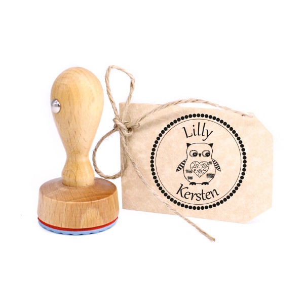Kinderstempel Vintage Eule mit Herz - Holzstempel mit persönlichem Namen Ø 24 mm