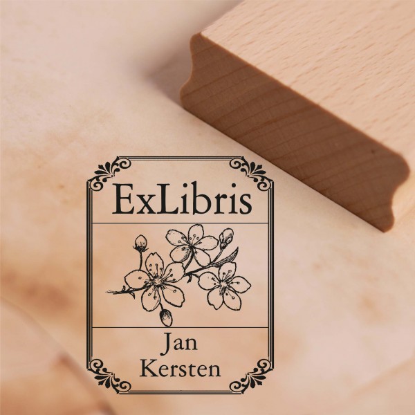 Ex Libris Stempel Kirschblüte mit Name - Vintage Rahmen - Exlibris Motivstempel 38 x 48 mm