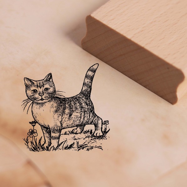 Motivstempel Katze auf Wiese - Stempel Holzstempel 48 x 48 mm