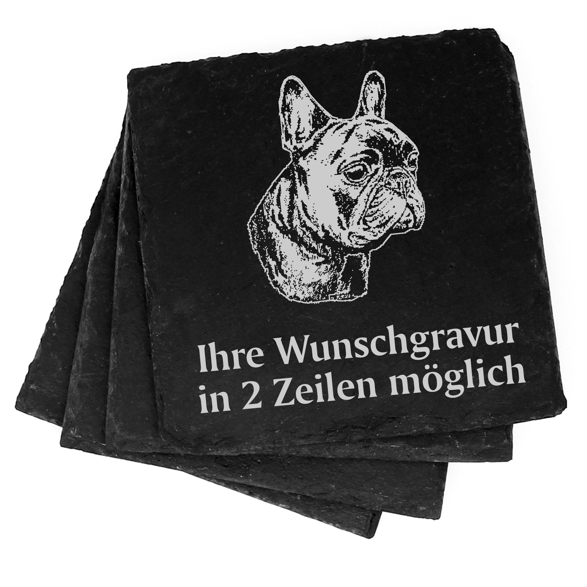 4x Französische Bulldogge Deko Schiefer Untersetzer Wunschgravur Set - 11 x  11 cm 