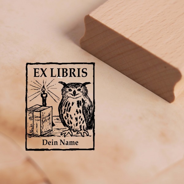 Ex Libris Stempel mit Name - Uhu, Bücher und Kerze Exlibris Motivstempel 38 x 48 mm