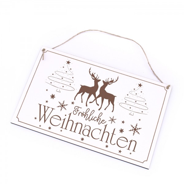 Schild Fröhliche Weihnachten - Türschild Hirsche Schnee Tannenbaum Motiv 26x16 cm