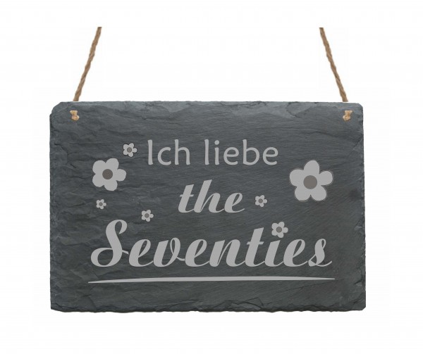 Schiefertafel « ICH LIEBE THE SEVENTIES » mit Motiv Blumen