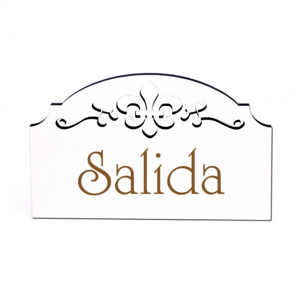 Salida Türschild Schild Ausgang Spanisch Holz selbstklebend Ornamente graviert 15,5 x 9,5 cm