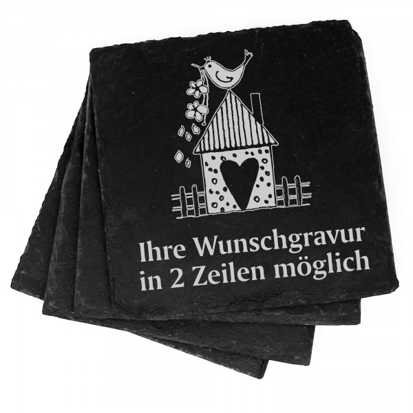 4x Vogelhaus Deko Schiefer Untersetzer Wunschgravur Set - 11 x 11 cm